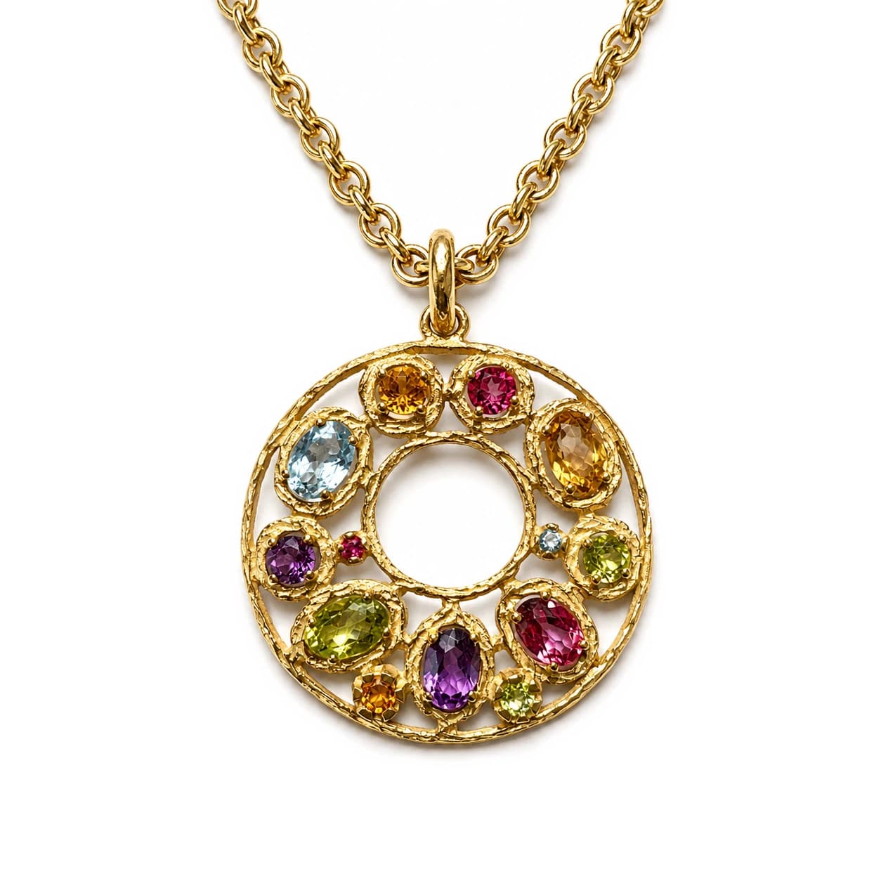 Colgante círculo multicolor en oro amarillo