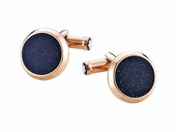 Gemelos redondos de acero con acabado PVD en dorado rojo e incrustaciones de aventurina azul