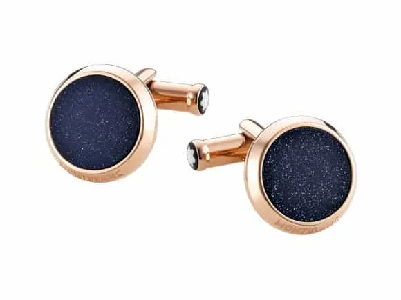 Gemelos redondos de acero con acabado PVD en dorado rojo e incrustaciones de aventurina azul