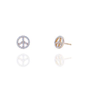Pendientes con el símbolo de la paz en oro de ley rosa y diamantes engastados.