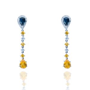 Pendientes oro blanco de 18 quilates, diamantes, piedras color