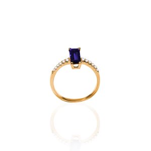 Anillo oro de ley, brillantes y piedra azul