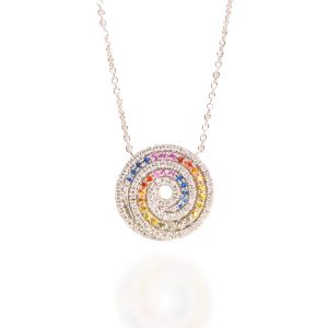 Colgante con cadena oro blanco brillantes y piedras de color